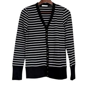 Snap Front V-Neck Cardigan Black and White Stripe Size Med